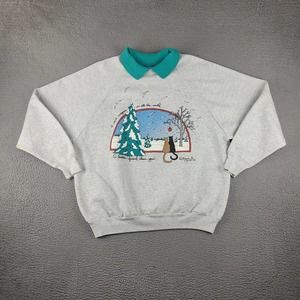Vintage Cat Winter Sweatshirt Womens 1X Gray Collared Snowy Scenery Made USA 90s